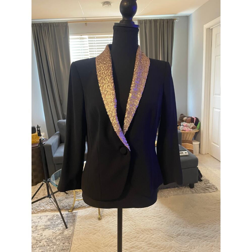 Addy Van Den Krommenacker Black Blazer Gold Sequin Shawl Collar S - Picture 2 of 7